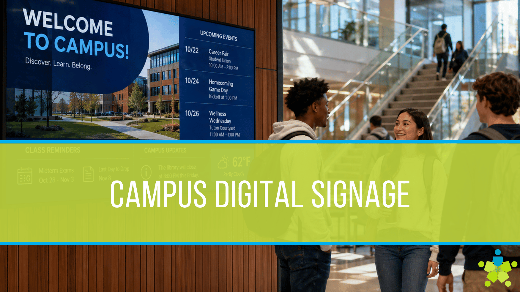 Students on college campus standing in front of a digital sign