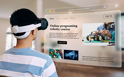 A student using VR to surf the web and learn about online robotics courses