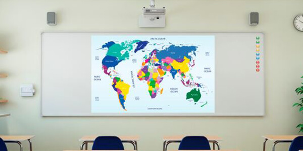 A classroom projector displaying a world map on a whiteboard