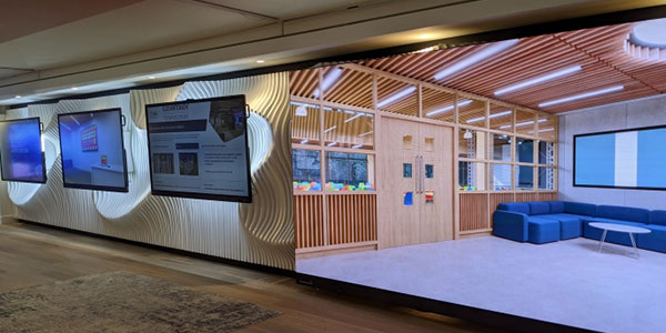 Three large monitors next to a wall digital display in a long hallway