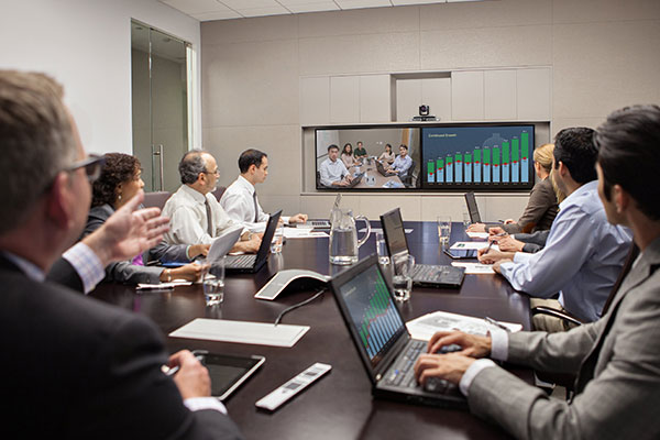 Government employees looking over data while on a conference call