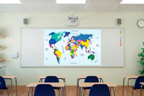 A classroom projector displaying a world map on a whiteboard