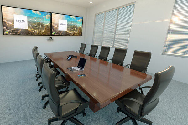 A conference room setup with twin monitors for video conferencing by Data Projections