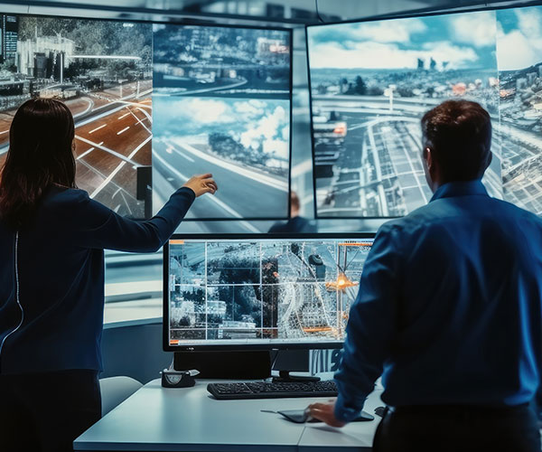 Two people reviwing screens in a control room set up with Extron control systems