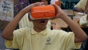 A St. Mark student mesmerized by the power of the ClassVR standalone headset