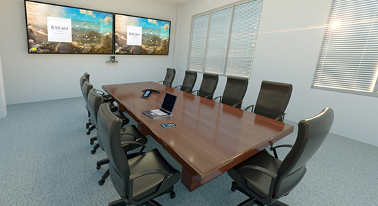 A conference room setup with twin monitors for video conferencing by Data Projections